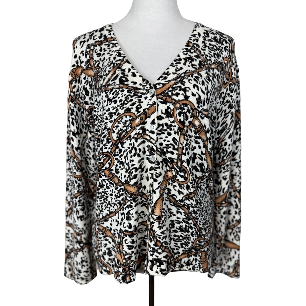 Pierri New York Women Cardigan XL White Leopard Equestrian Chain Link Button Up